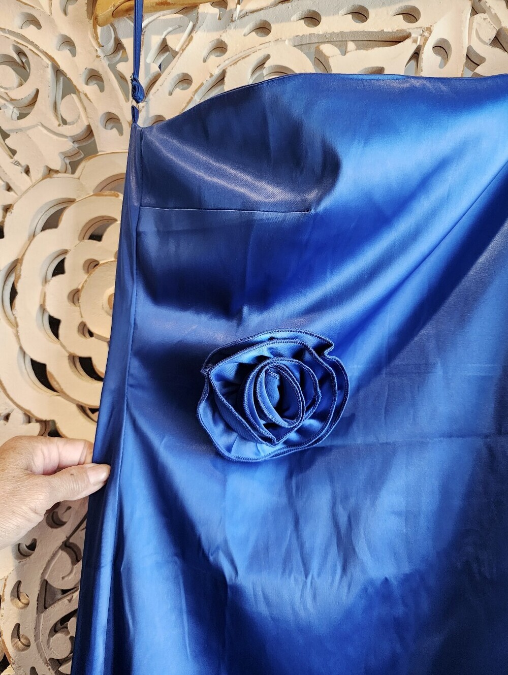 COMMENSE BLUE SATIN NWT OPEN BACK MAXI STRAPS DRESS ROSE DETAIL WOMENS SZ XL - Picture 10 of 16